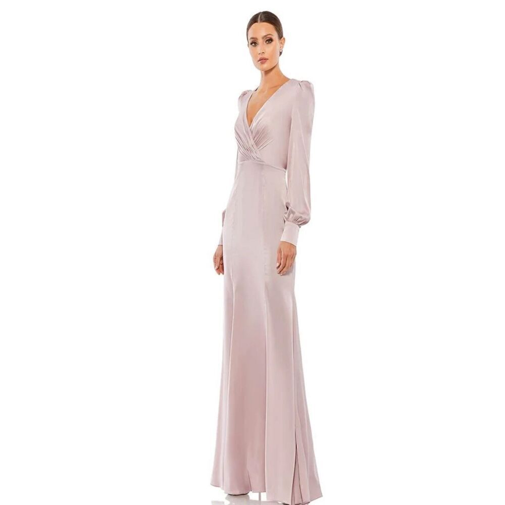 Ieena for Mac Duggal #55635 Long Sleeve Satin Gown in Rose Pink NWT Size 14